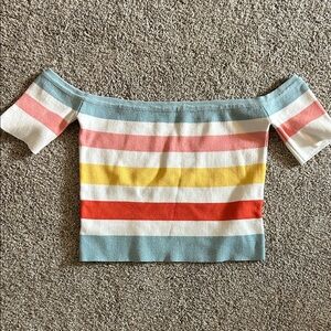 BaeVely Striped Off-Shoulder Knit Top in Pastel Multi